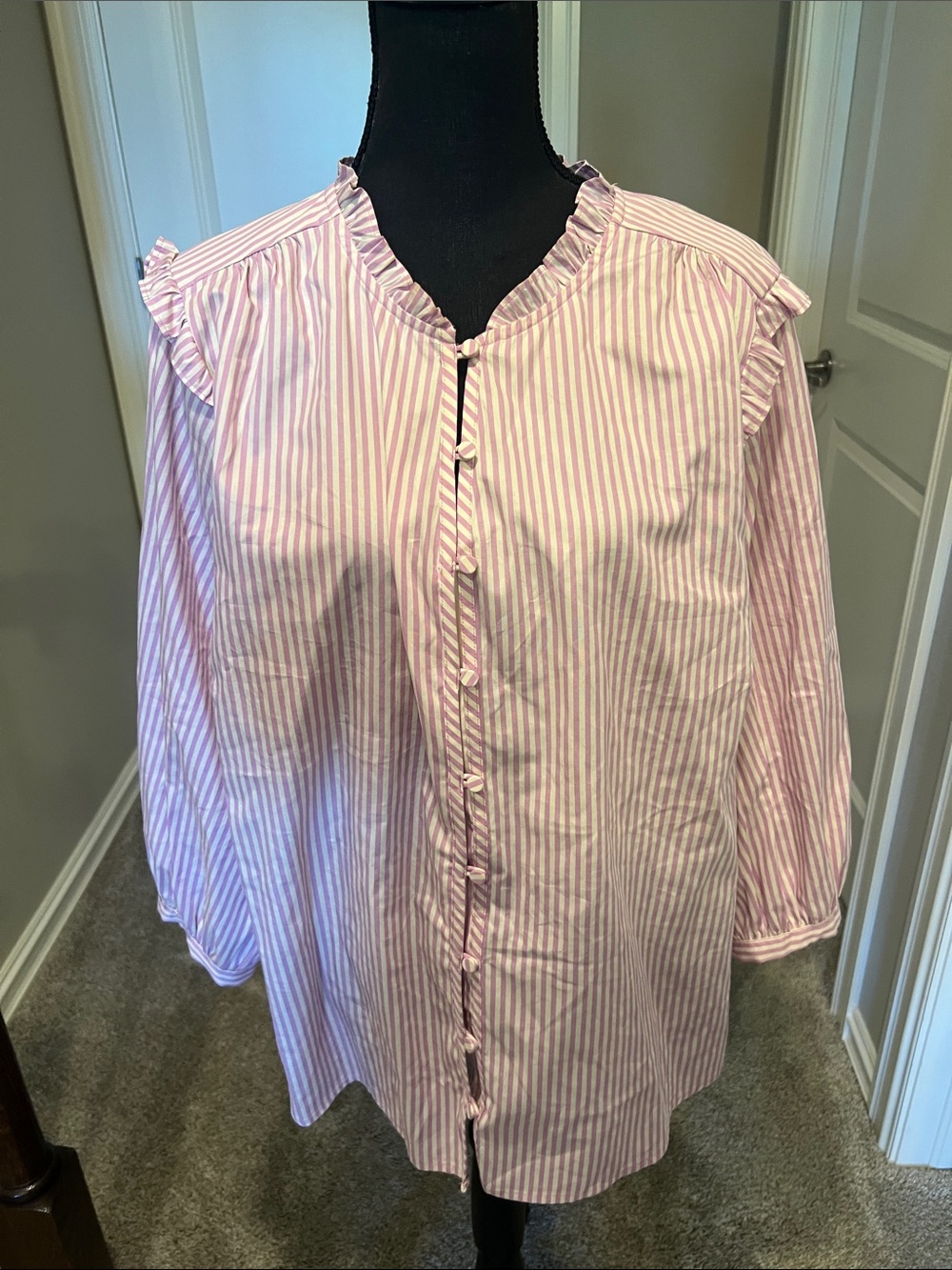 LC Lauren Conrad Pink & White Stripe Ruffle-Trim Button Down Shirt